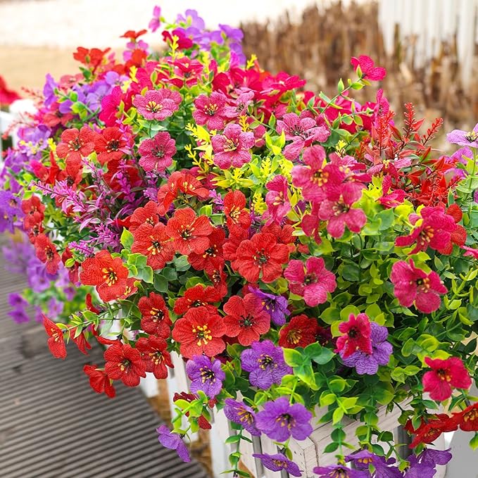 SHareconn 36 Bundles Artificial Flowers for Outdoors Decoration, Faux Plants Fake Silk Colorful Daisy Eucalyptus Lavender, UV Resistant for Outside Home Porch Patio Indoor Spring Decor, Mix 3 Colors