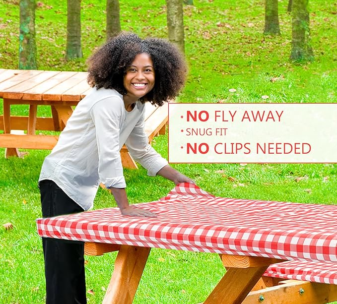 LINPRO 6ft Picnic Table Cover with Bench Covers Vinyl Fitted Picnic Table Covers with Elastic Camping Essentials and picnic tablecloth and RV Accessories with bag