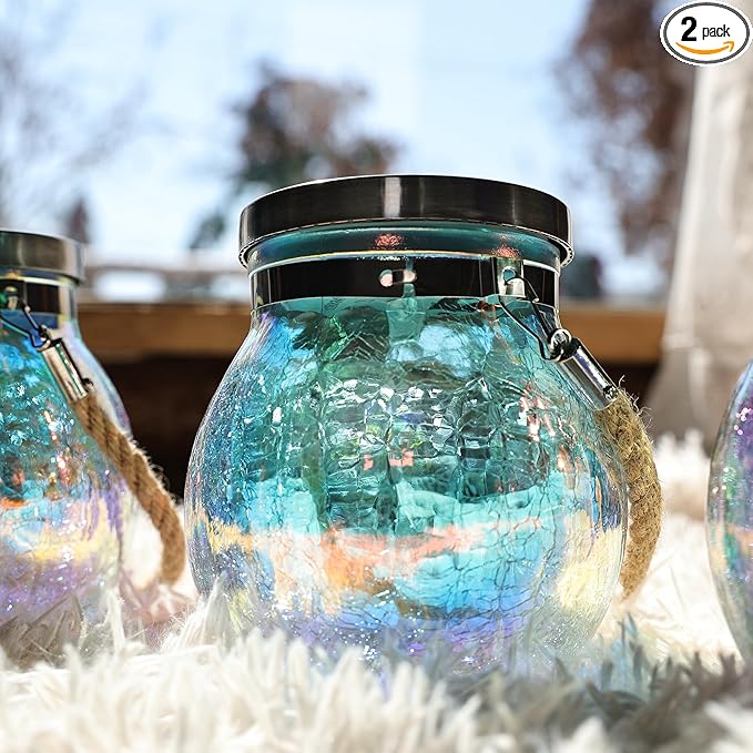 Cooo 2 Pack Valentines Day Gifts for Him Her Solar Lanterns Waterproof Outdoor Iridescent Heavy Crackle Glass LED Stainless Steel Lid for Women Mom Grandma Outdoor Table Lamps Garden Backyard Decor
