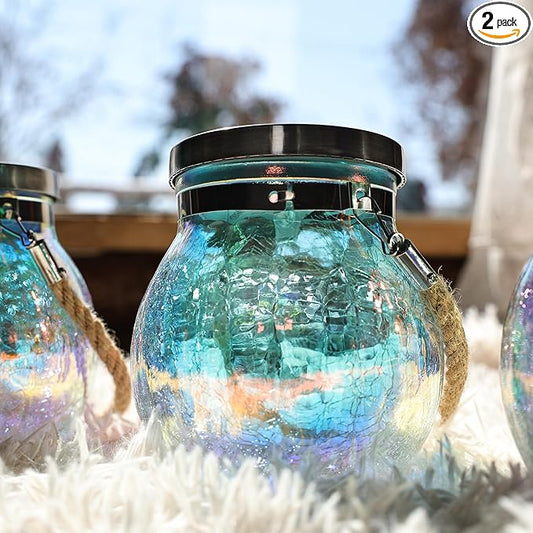Cooo 2 Pack Valentines Day Gifts for Him Her Solar Lanterns Waterproof Outdoor Iridescent Heavy Crackle Glass LED Stainless Steel Lid for Women Mom Grandma Outdoor Table Lamps Garden Backyard Decor