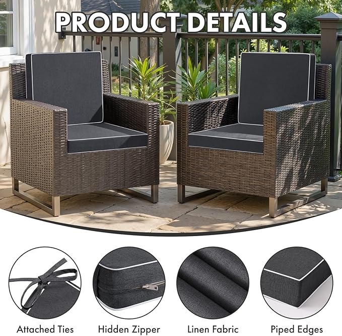 MIULEE Grey Outdoor Chair Cushions Set of 4, 18.5x16x3 Inch Waterproof Patio Seat Cushions for Outdoor Furniture Couch Sofa, 3 Year Color Fastness High Density Foam with Adjustable Ties