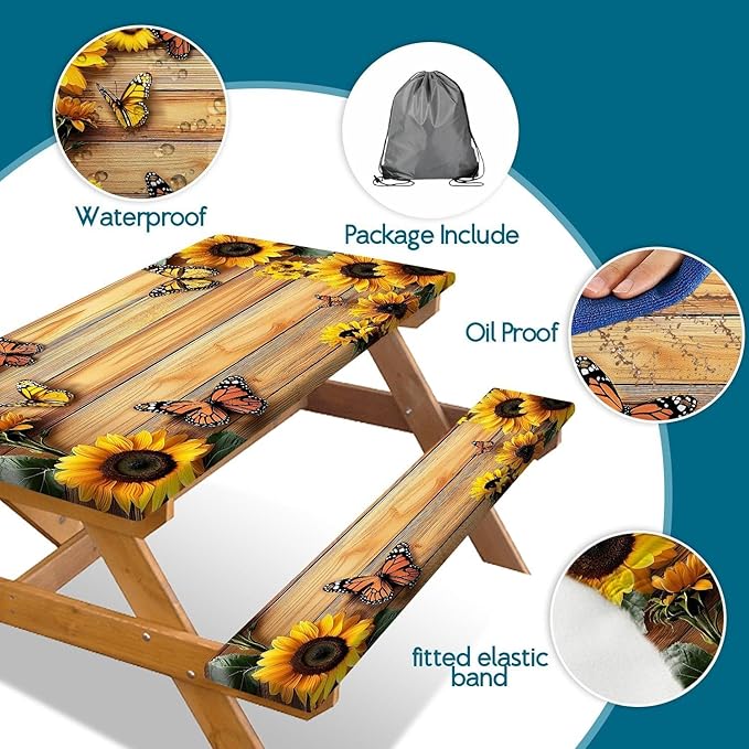 3PCS Picnic Table Cover with Bench Cover, Outdoor Patio Camping Essentials Farmhouse Sunflower Table Covers with Elastic Waterproof Camping Tablecloth with Drawstring Bag, 60In
