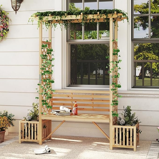 Giantex Outdoor Bench with Garden Arbor & 2 Planter Boxes, Wooden Trellis for Climbing Plants & Vines, Outside Pergola for 2-People Seating, Decoration for Porch, Patio, Yard