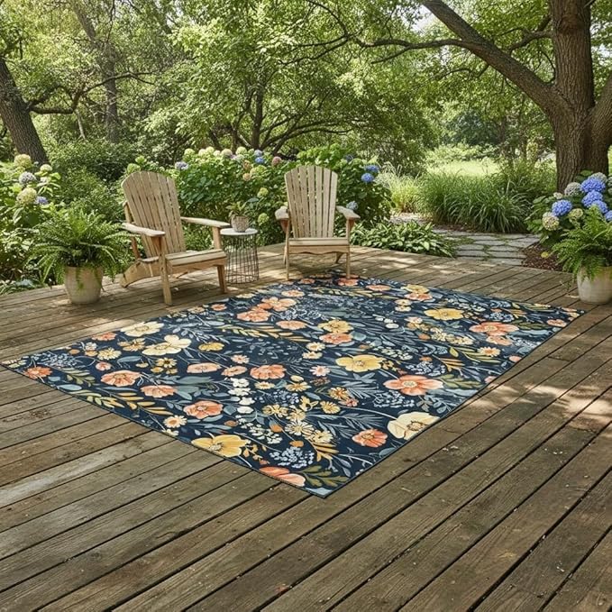 Vintage Country Rustic Floral Outdoor Rug for Patio Balcony Deck Porch Camping Machine Washable Waterproof Garden Backyard Outside Carpet 5x8 Boho Blue Pink Yellow Flower Area Rugs Easy Clean Mat