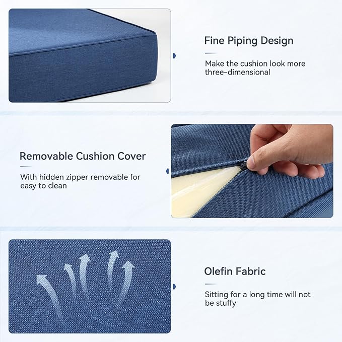 Luxury 6" Outdoor Cushions for Patio Furniture, 24x24x6 Thick Seat Cushion Set, Fade Resistant Couch Chair Replacement Cushions High Density Deep Wicker Chair Cushion with Removable Cover, Blue