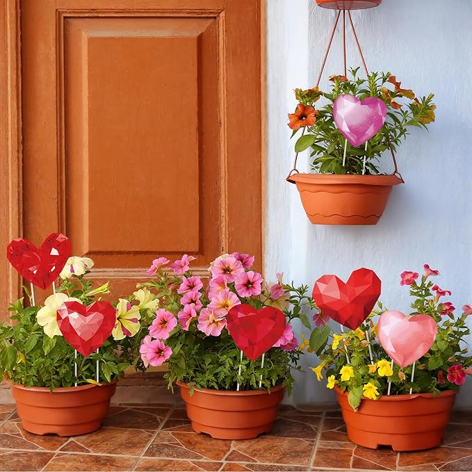 Bucherry 12 Pcs Valentine's Day Diamond Heart Shape Planter Stakes 3D Effect Heart Decorative Garden Yard Stakes Valentines Flower Pots Signs for Home Anniversary Party Outdoor Lawn Decor