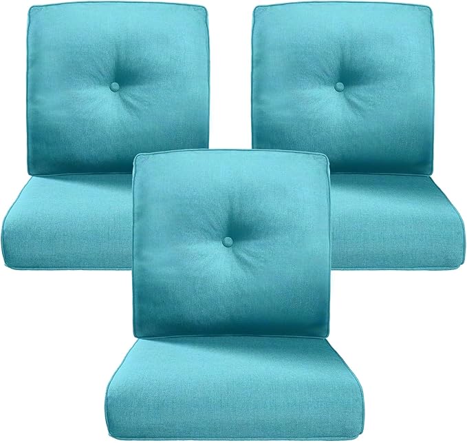 Belord Luxury 4" Thick Outdoor Cushion 3 Set - 22 x24 Inch 28D Sponge Filling Fade-Resistant Chair Cushion, Spill Proof Removable Patio Furniture Replacement Cushions for Sofa Bench Swing - Turquoise