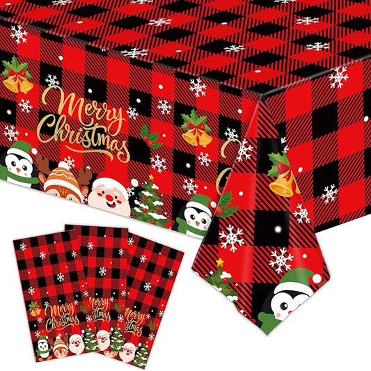 3 Pieces Merry Christmas Tablecloth - 54"x108" Disposable Red and Black Checkered Plastic Table Cover with Santa and Snowflakes for Christmas Dinner Party Supplies, Winter Seasonal Decorations