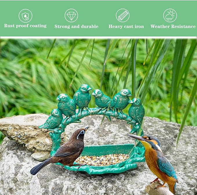 Sungmor Cast Iron Wall Mounted Bird Feeder, Cute Bird Decor Small Water Bath, Wall Hanging Fence Mount Bird Bath Feeder, Beautiful Green Birdfeeder for Garden Backyard Patio Wall Decoration
