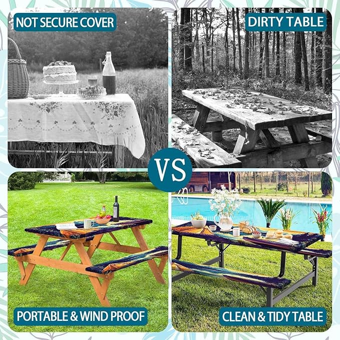 3PCS Picnic Table Cover with Bench Cover Forest Landscape Boat Tent Pattern Camping Tablecloth Fitted Picnic Table Cover with Elastic Windproof Waterproof, Outdoor & Garden Camping Accessories 96IN
