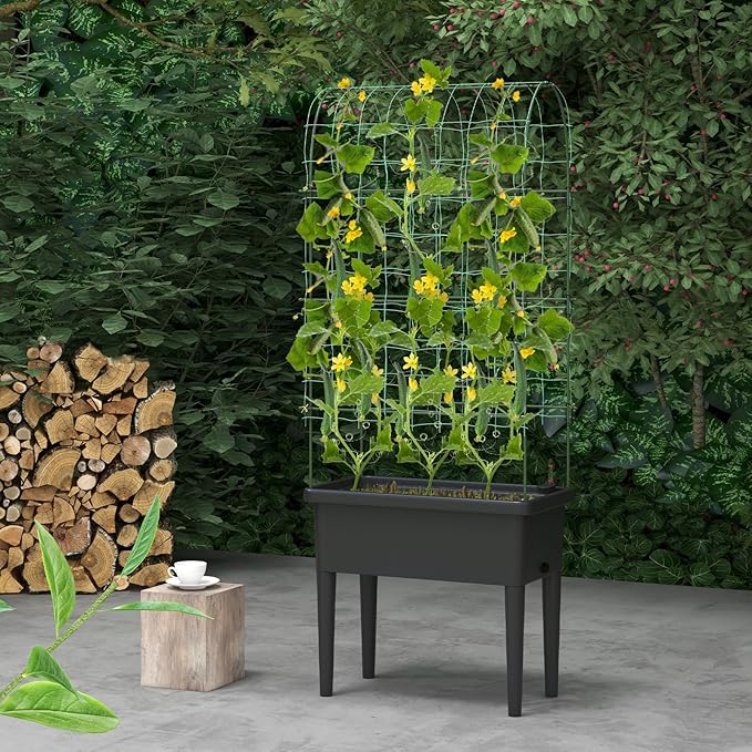 Happygrill Raised Garden Bed with Trellis, 4 in 1 Self-Watering Planter w/Water Level Observer, Drainage Holes, Climbing Net & Detachable Legs, Garden Cucumber Planter for Vegetables Flowers