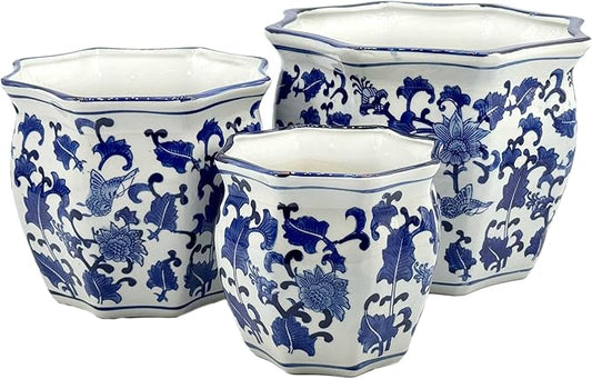 Galt International Blue & White Round Fluted Floral Porcelain Ceramic Plant Flower Planter Pot Set of 3 (7.5", 10", 13") Garden Pots Chinese Asian Design