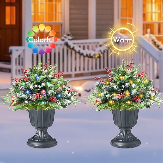 2 Pack Artificial Christmas Urn Filler,20" MUL-ti Color 50 LED Outdoor/Indoor Trees with 8 Modes & Auto Timer,Waterproof Battery Box & Stakes,Includes Pine Cones & Red Berries for Holiday Decor