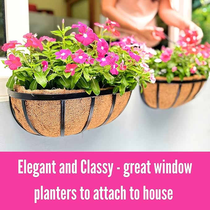 LaLaGreen Wall Planters - 16 Inch, 2 Pack Deck Railing Planter Boxes for Outdoor Plants, Window Flower Box with Coco Liners Metal Horse Troughs Fence Balcony Garden Herb Pot Patio Porch Over Rail