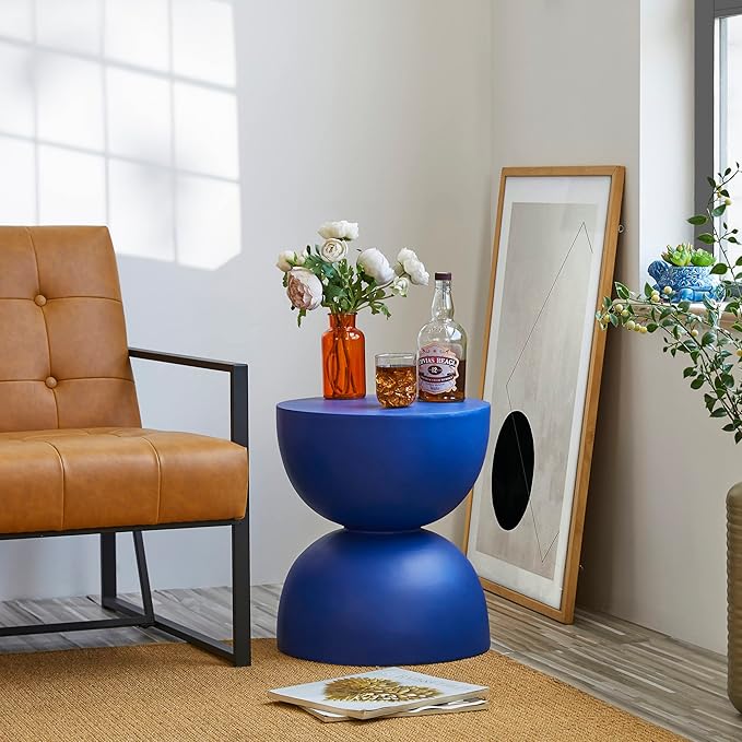 Glitzhome Outdoor Side Table, Round Accent End Table, Lightweight Hourglass Faux Terrazzo Decorative Garden Stool, 17.75" H Cobalt Blue Planter Stand for Patio Porch Balcony Living Room