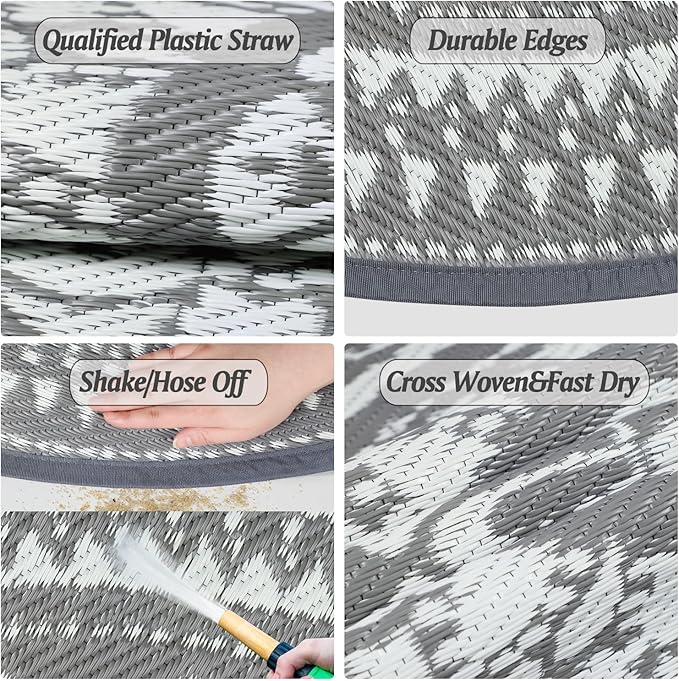 Cekene Round Outdoor Rugs for Patio 6Ft Waterproof Reversible Outdoor Patio Rugs Black Lightweight Plastic Straw Rugs Portable RV Camping Mat Floor Carpet for Deck Porch Picnic BBQ