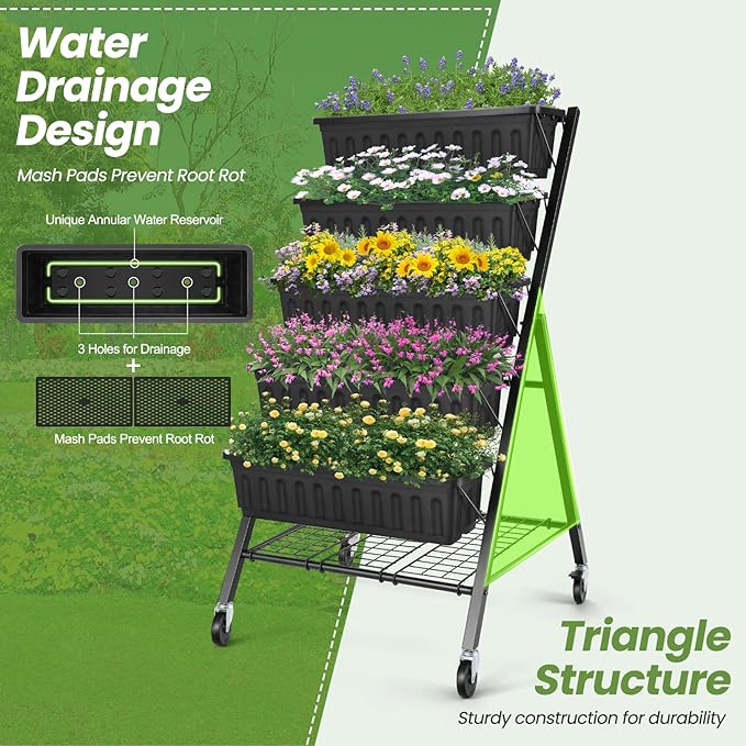 Suyncll Vertical Raised Garden Bed Planter Box, 5 Tiers Vertical Garden Planter with Drainage System and 4 Hooks for Plants Vegetables Flowers (Black with Storage Shelf & Wheels)