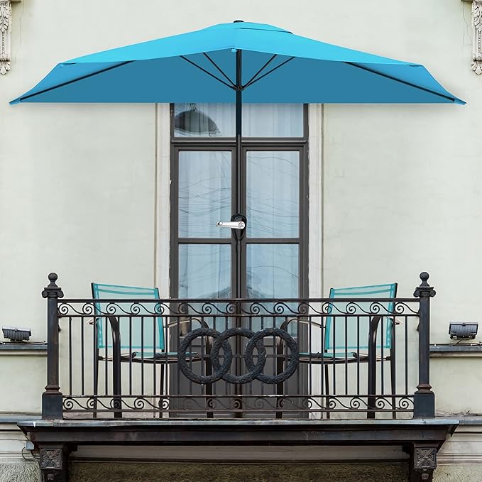 Half Umbrella Outdoor Patio Shade - 9 ft Patio Umbrella with Easy Crank - Small Canopy for Balcony, Table, or Deck by Pure Garden (Brilliant Blue)