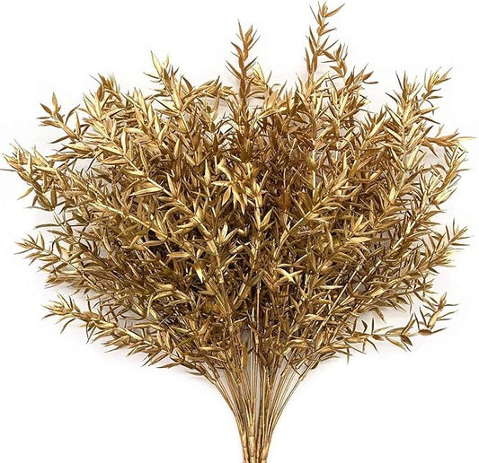 CATTREE Christmas Artificial Plants, Plastic Grass Faux Shrubs Fake Leaves Simulation Sharp Bushes Home Indoor Outdoor Garden Wedding Festival Decoration Hall Table Planter Filler – Gold 4 Pack