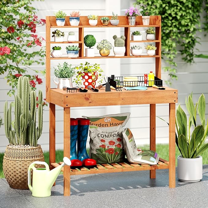 Giantex Potting Bench Table, Outside Solid Wood Gardening Table with Flip-up Tabletop, Storage Shelves, Indoor Outdoor Wooden Workstation for Patio Porch Balcony, Potted Plant Display Rack (Brown)