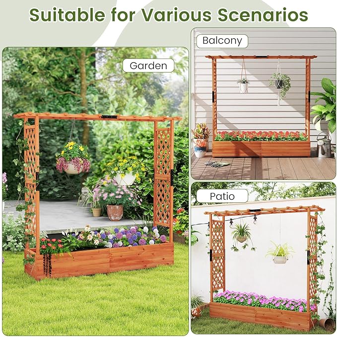 S AFSTAR 2 Pieces Raised Garden Beds with Arch Trellis, Hanging Roof & Drainage Holes, 77-Inch Vertical Plant Container for Vine Climbing Plant Flower, Outdoor Wood Elevated Planter Box for Garden