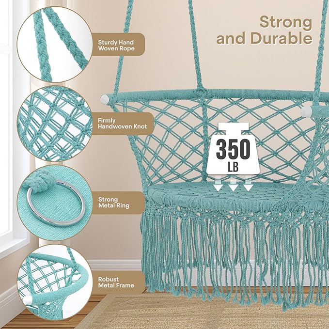 Athena Collection Hammock Swing Chair with Cushion, Outdoor Macrame Chair with Mounting Hardware, Max 350 Lbs, Large Cotton Rope Hanging Chair for Outdoor Indoor Porch Garden, Green