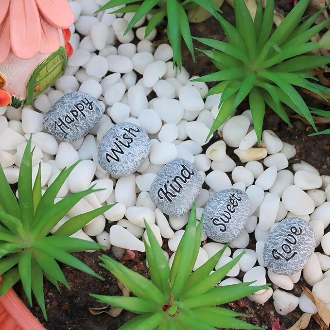 5pcs Inspirational Word Stones, Fairy Garden Accessories, Resin Miniature Pebbles for Fairy Garden Decor, Tiny Positive Message Rocks, Cute Plant Pot Ornaments