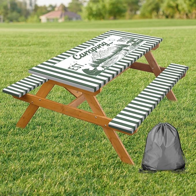3PCS Picnic Table Cover with Bench Covers Green Stripe Bear Pattern Camping Tablecloth Fitted Picnic Picnic Table Cover with Elastic Windproof Waterproof, Outdoor Camping Accessories 72IN