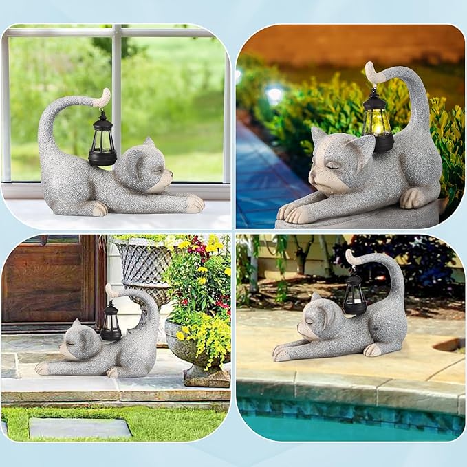 JUMPHIGH Garden Cat Statue with Solar Lantern, Garden Sculpture Decor Animal Figurines Cute Cat for Yard Lawn Patio Balcony Outdoor Ornament, Unique Gifts for Women mom dad