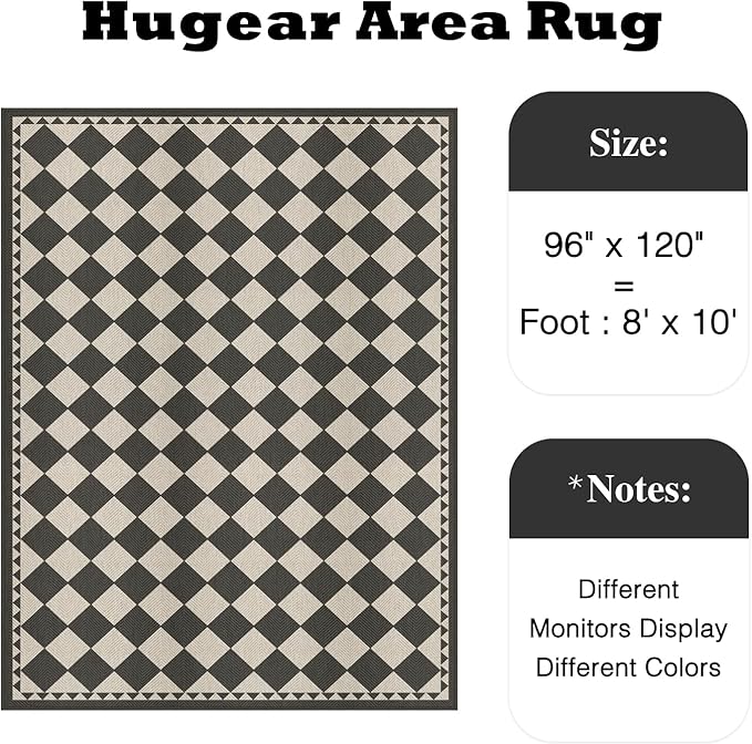 HUGEAR 8x10 Outdoor Rug Black/Beige Linen-Look Fabric Checkered Area Rug High Traffic Stain Resistant Easy Clean Durable Rugs for Indoor/Outdoor Patio Deck Balcony Porch Garden Courtyard