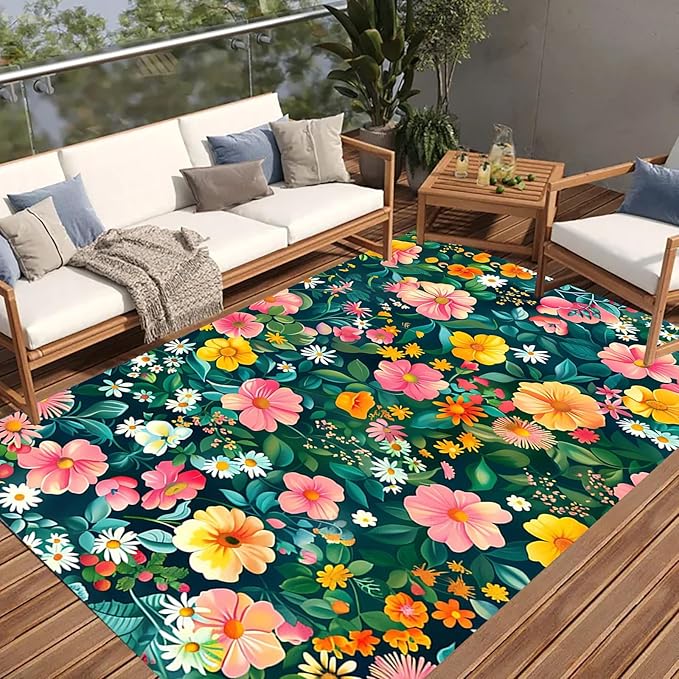 Spring Summer Garden Floral Theme Outdoor Rug for Balcony Patio Deck Porch Backyard Green Leaves Pink Yellow Flowers Area Rugs 7x10 Modern Multicolor Flowers Texture Outside Carpet Camping Mat