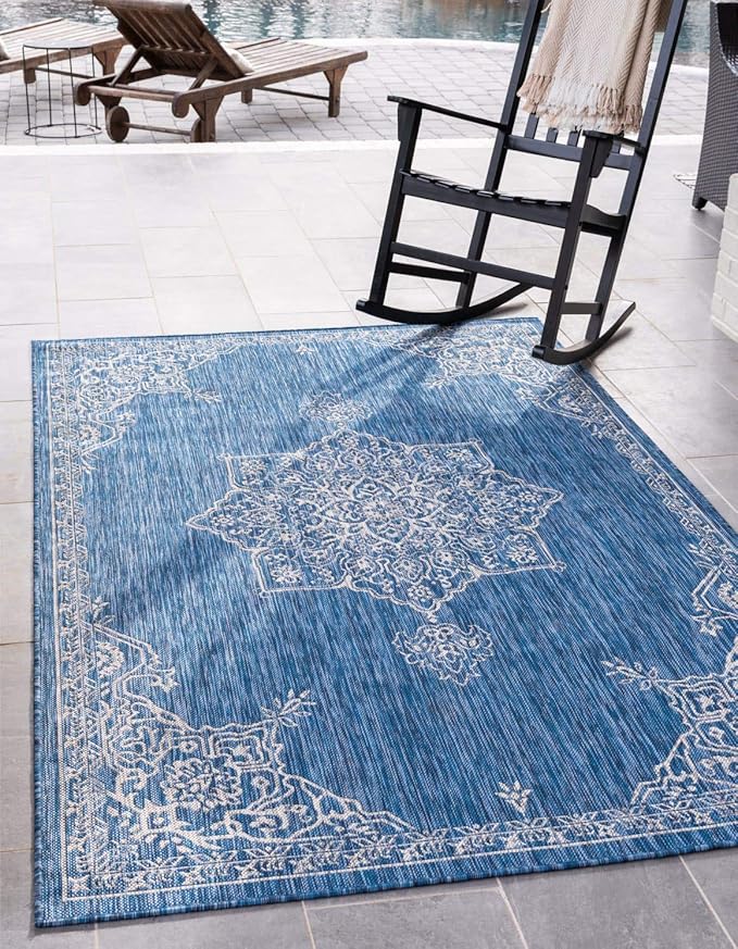 Unique Loom Outdoor Traditional Collection Area Rug - Antique (5' 1" x 8' Rectangle, Blue/ Gray)