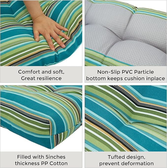 FUNHOME Outdoor Bench Cushion 45 x18 inch with Non-Slip Grips,Water Resistant Porch Swing Cushion,Bench Pillow Pads,Tufted Cushions for Patio Garden Furniture,45" Seat Cushions(Green Stripe)