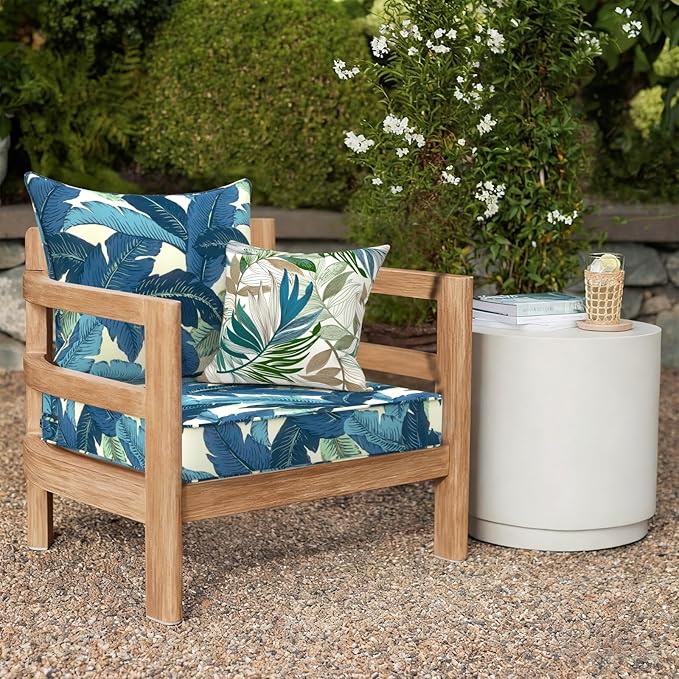 Outdoor Deep Seat Cushion Set, Water Repellent 24"x24" Patio Thick Cushions Replacement with Seat & Back Pillow for Patio Sofa, Wicker Chair, Couch - Swaying Palms Blue