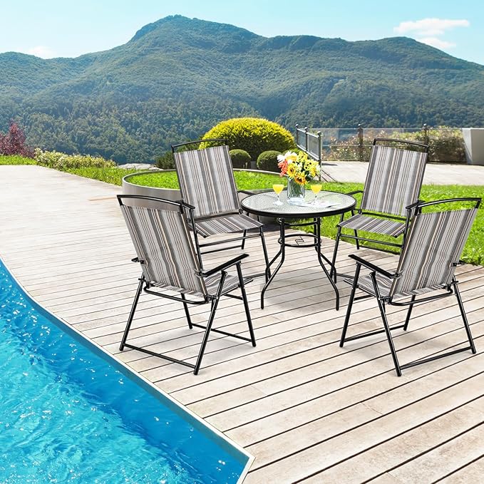 Giantex Patio Chairs Set of 2, Outdoor Folding Chairs with Armrests, Metal Frame, Outside Foldable Dining Chairs for Lawn Deck Porch Beach Yard (Stripe Pattern)
