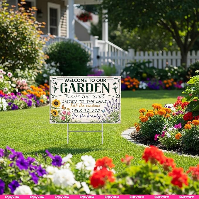 Funny Garden Sign with H Stake 18"x12" Big Vintage Sign for Outside Greenhouse Corrugated Plastic Yard Decor Gardening Gifts for Women " WELCOME TO OUR GARDEN"