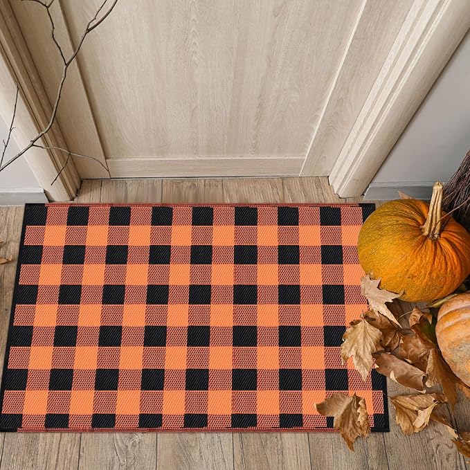 Tinideya 4' x 6' Thanksgiving Plastic Straw Outdoor Rug Waterproof Plaid Buffalo Front Doormat Porch Mat Patio Deck Mat for Outside Indoor Garden Lawn Balcony Holiday Decorations(Orange and Black)