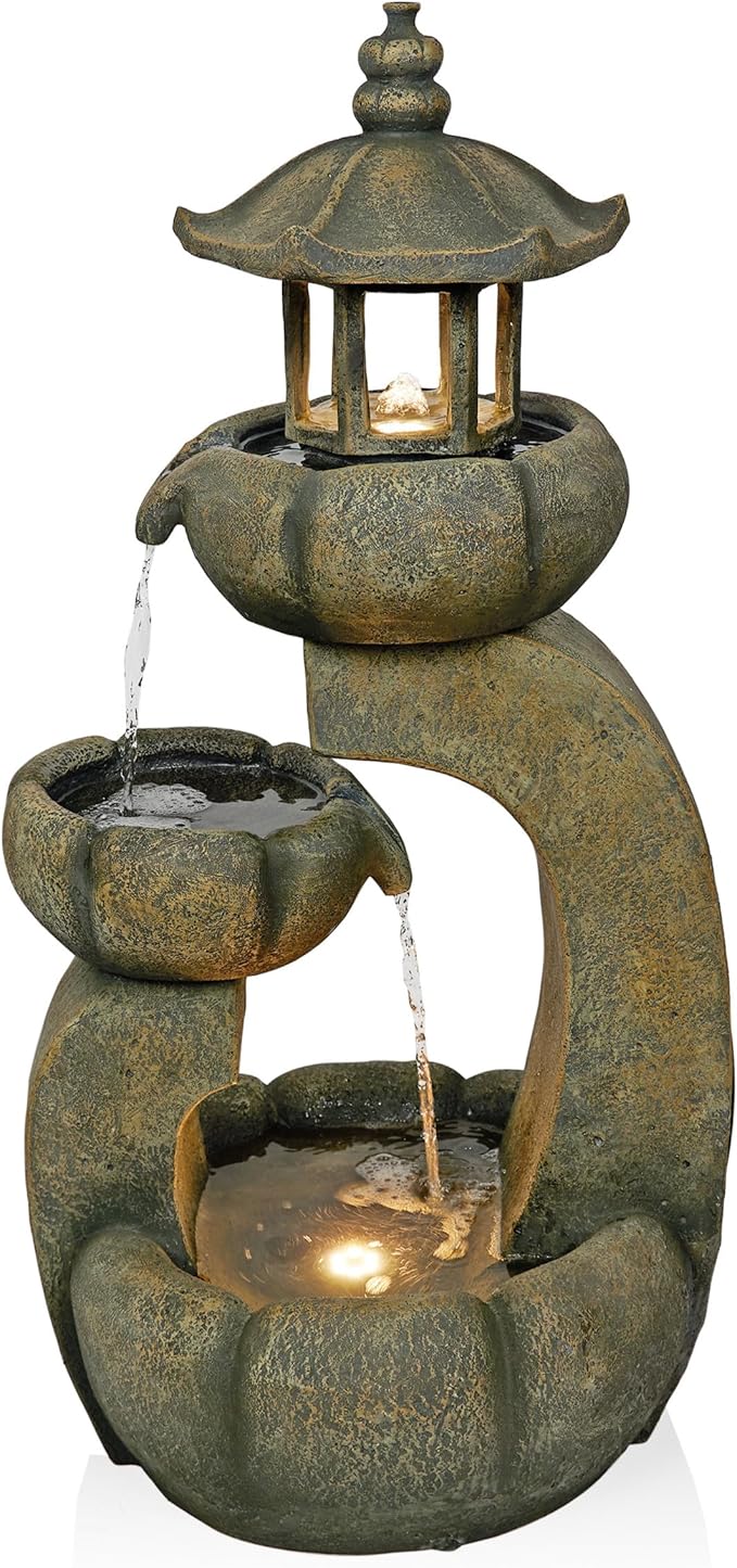 Alpine Corporation 32" Tall 2-Layer Pagoda Polystone Fountain with LED Lights, Cascading Waterfall, Outdoor Garden and Patio Water Feature, Zen Decor, Relaxing Sound, Brown