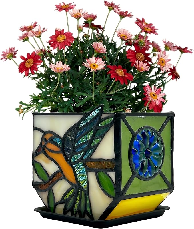 Handcrafted Stained Glass Hummingbird Planter, Indoor Decorative Flower Pot with Drainage, Planters for Indoor Plants,Garden Home Decor