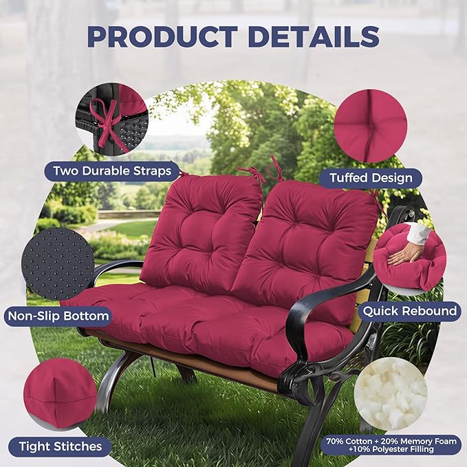 Wicker Chair Cushions of 3 Pieces, Waterproof Cushions for Patio Furniture, Tufted Wicker Outdoor Furniture Cushions, 1 Patio Loveseat Cushion and 2 U-Shaped Cushions, 44"x19"x5", Burgundy