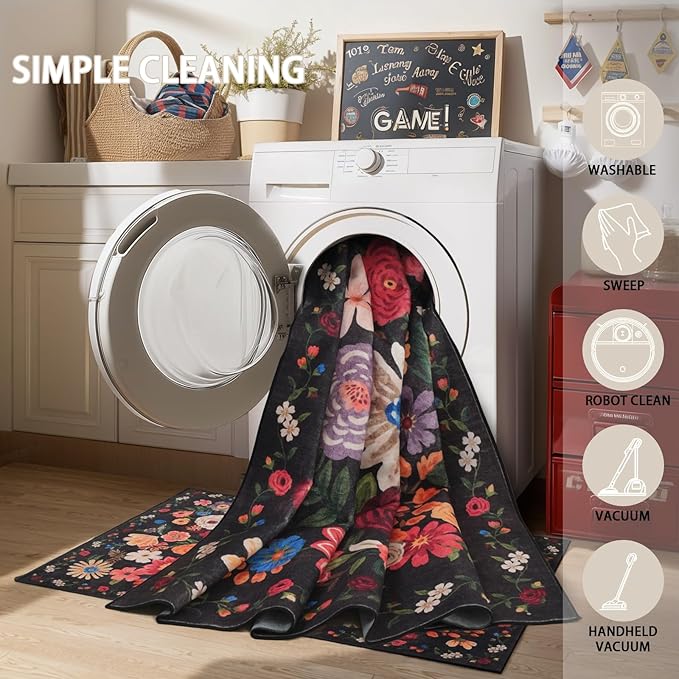 Black Area rugs 24x17 Inch Home Decor Entry Rug, Small Door Mat Bath Mats for Bathroom, Ultra-Thin Non Slip Floral Low Pile Tub Mat for Sink Shower Doorway Tub Kitchen Sink(2 x 1.4 ft, Black Garden)