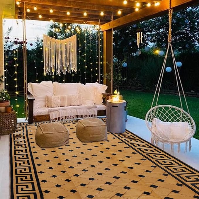 SAND MINE Reversible Mats, Plastic Straw Rug, Modern Area Rug, Large Floor Mat and Rug for Outdoors, RV, Patio, Backyard, Deck, Picnic, Beach, Trailer, Camping (9' x 18', Brown & Black)