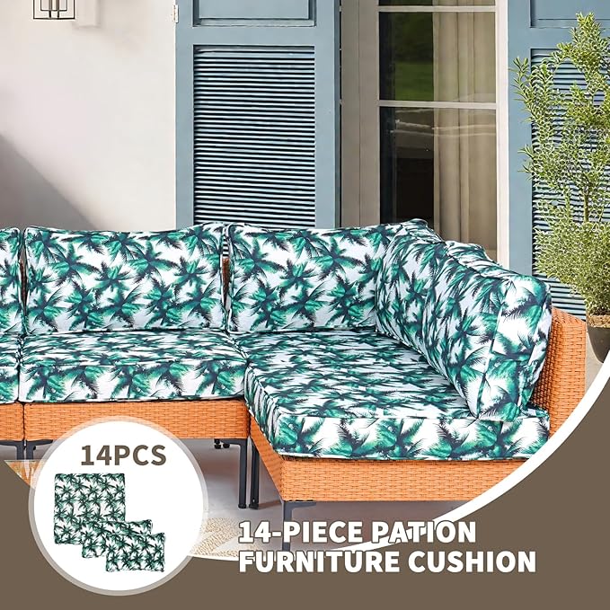 14Pcs Outdoor Sofa Cushion Replacement Patio Furniture Waterproof Cushion with Zippers fit 6-Seat Outdoor Wicker Rattan Sectional Couch (Palm Leaf, 25.6"x25.6"x3.9")
