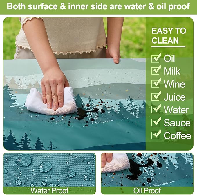 Picnic Table Cover with Bench Covers Camping Essentials Waterproof Windproof Camping Tablecloth with Drawstring Bag, Fitted Rectangle Tables and Seats, 96in, Green Blue