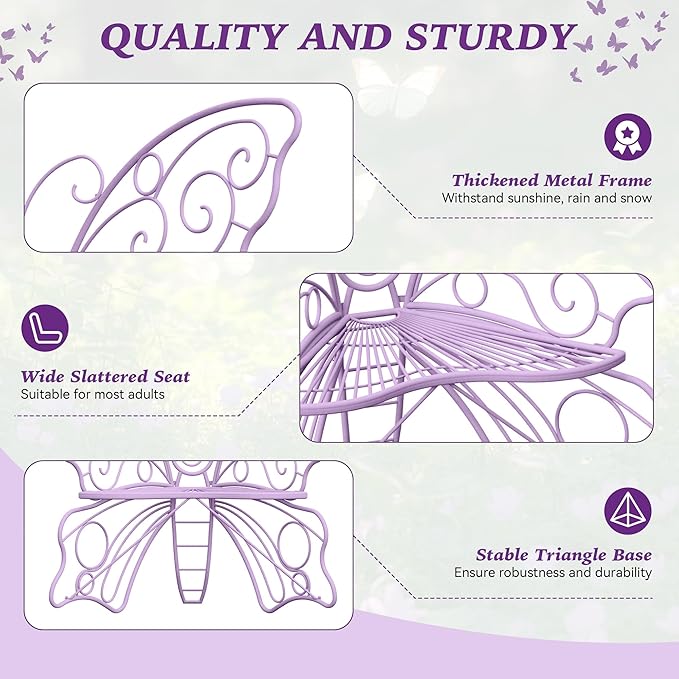 36 Inch Outdoor Bench, Cute Garden Bench with Metal Frame, Weatherproof Butterfly Front Porch Benches for Lawn, Garden, Yard, Balcony, Purple