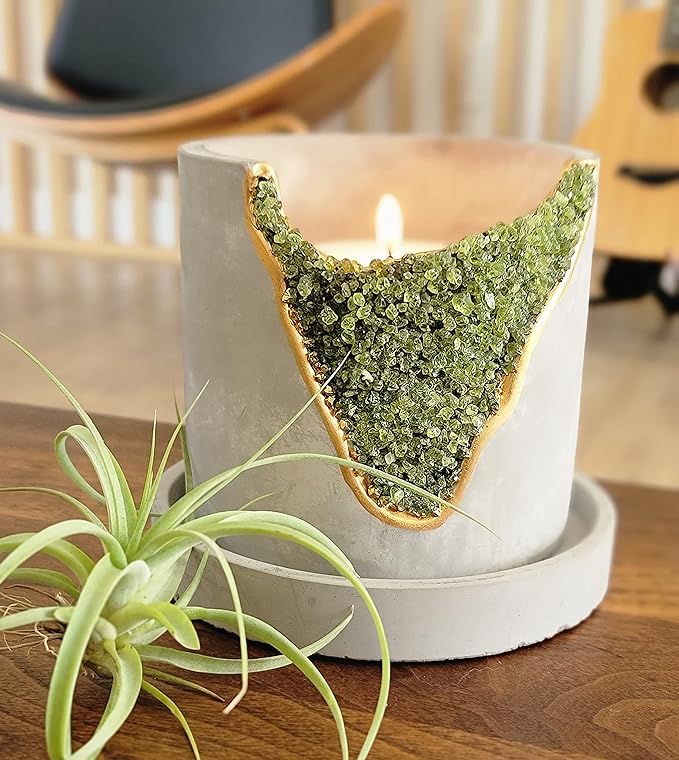 4 Inch Crystal Plant Pot with Saucer - Cement Geode Planter - Concrete Pots for Plants - Modern Succulent Pot Indoor - Unique Air Plant Holder - Candle Holder - Small Plant Home Decor (Green Peridot)