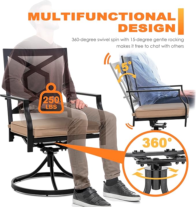 NUU GARDEN Outdoor Patio Swivel Chair Set of 2, Iron Swivel Rocker Dining Chairs with Padded Cushions, Comfortable Outdoor Chairs for Patio, Garden, Backyard & Balcony, Black and Beige