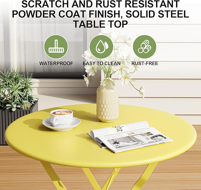 Bistro Table and Chairs Set of 2, 3 Piece Outdoor/Indoor Folding Patio Bistro Sets, 2 Chair Patio Furniture Set with Table, Premium Frame Foldable Coffee Tables for Balcony, Yard, Garden, Yellow