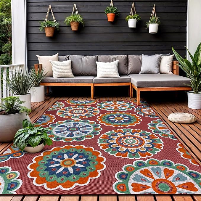 Outdoor Rug 6x9 Washable Area Rugs Indoor Outdoor Carpets Red Bohemian Medallion Non Shedding Waterproof Easy Clean Patio Deck Porch Living Room Bedroom Garden RV (6 X 9 Red)