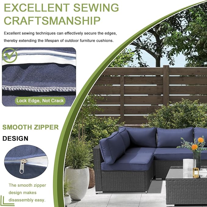 14Piece Outdoor Sofa Cushion Replacement, Patio Furniture Waterproof Cushion with Zippers, fit 6-Seat Outdoor Wicker Rattan Sectional Couch (Dark Blue, 25.6"x25.6"x3.9")